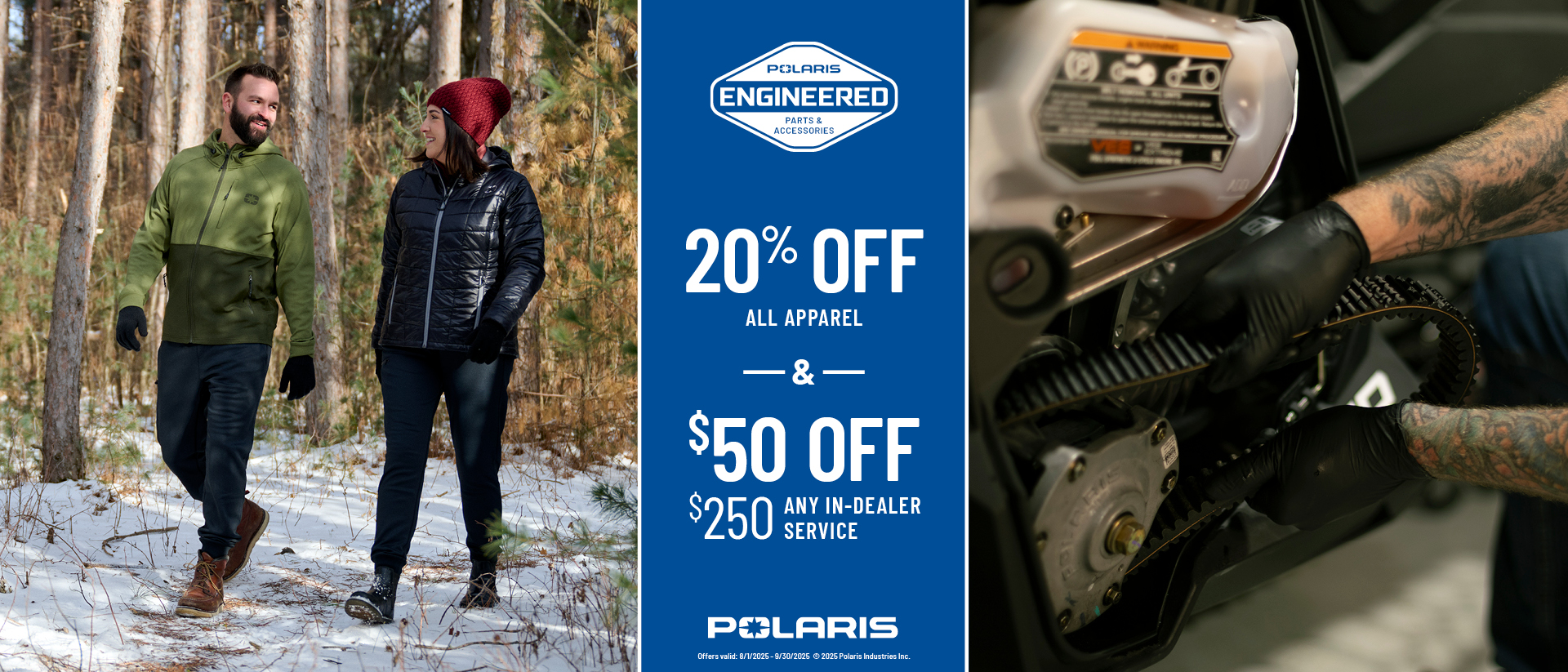 Save 20% off Apparel, 20% off Garage Essentials/Vehicle Care and $50 off $250+ in Any In-Dealer Service now through September 30th.
