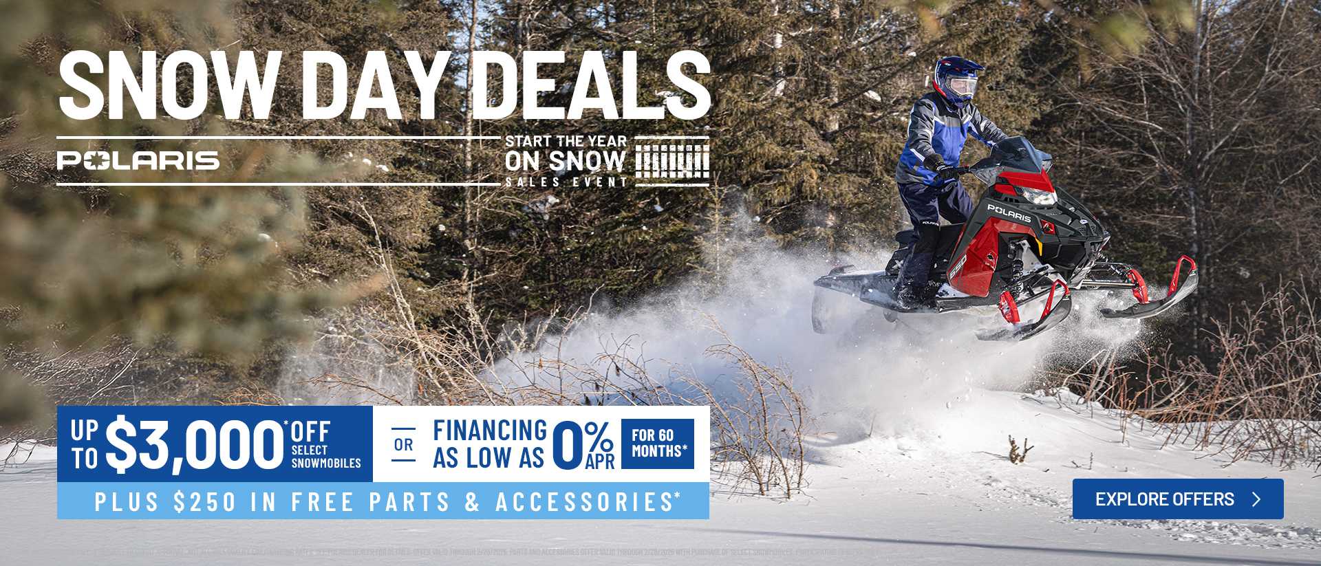Polaris Snowmobiles is offering financing as low as 0% for 60 months OR up to $3,000 off on select snowmobiles for New Years Sales Event - Start The Year On Snow.