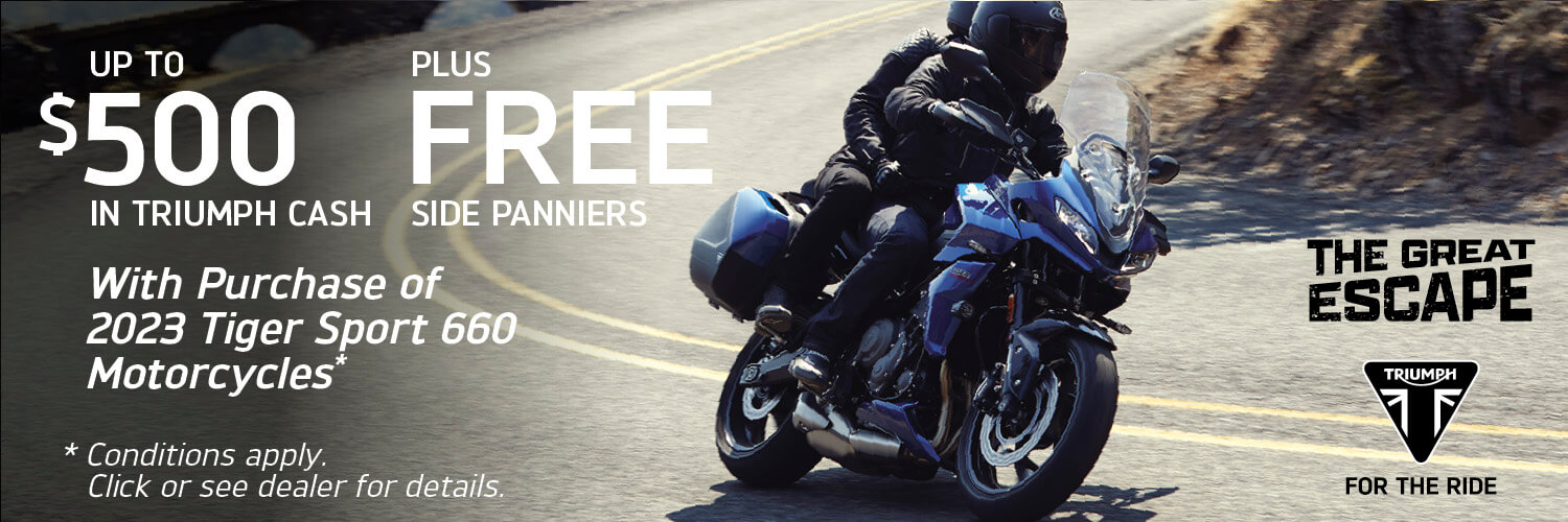 up to $500 in triumph cash with purchase of 2023 tiger sport 660 motorcycles plus free side panniers
