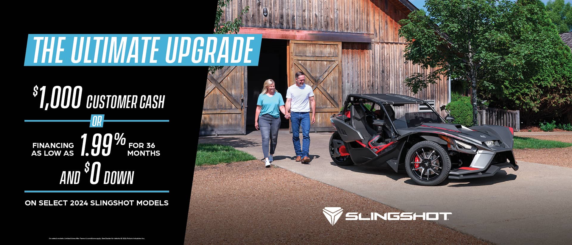 A man and women walking towards a dark gray Slingshot. Promotional Offer: $1,000 customer cash or financing as low as 1.99% for 36 months and $0 down on select 2024 slingshot models.