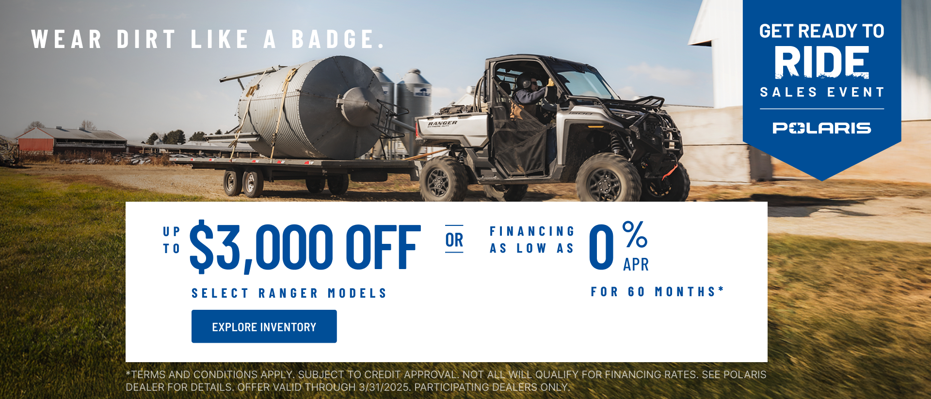 Polaris RANGER up to $3000 Off Select Models.  Financing as Low as 0% for 60  months.