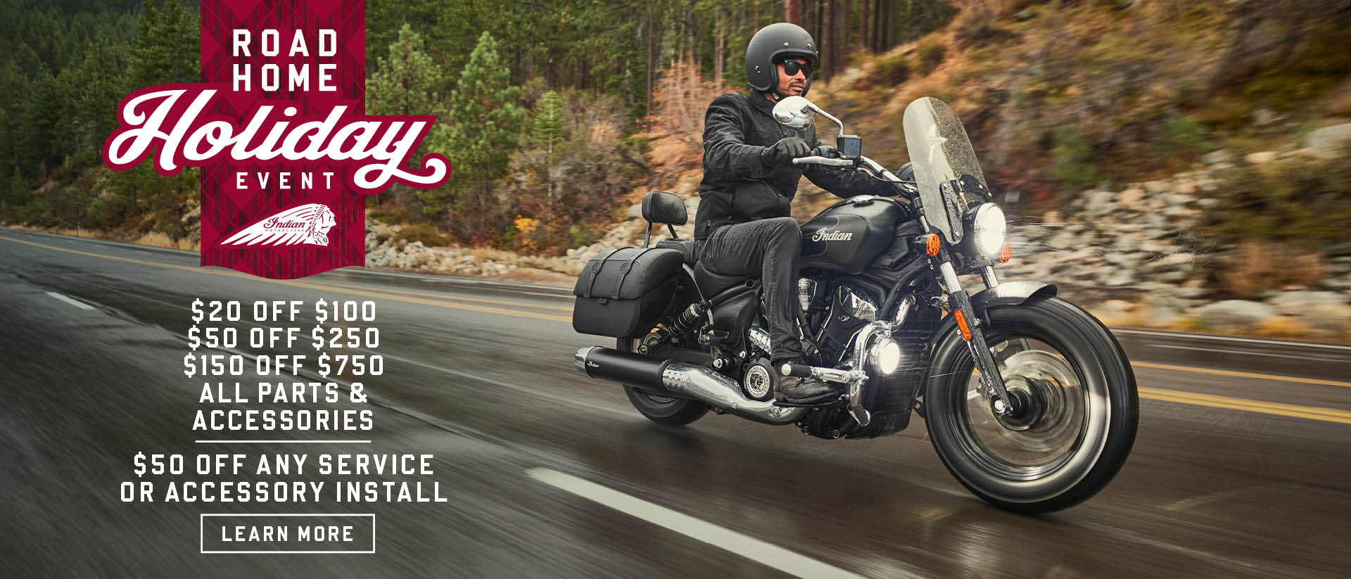 Riding profile image of accessorized Indian Super Scout Promotional Offer: $20 off $100, $50 off $250, $150 off $750 & $50 off any service or accessory install