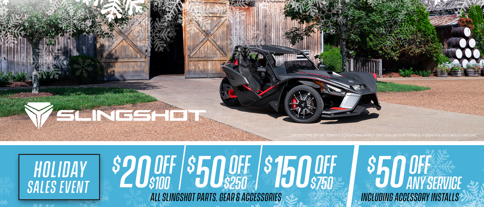 Slingshot R phantom gray sitting in front of a farmhouse. Promotional Offer: $20 off $100, $50 off $250, $150 off $750